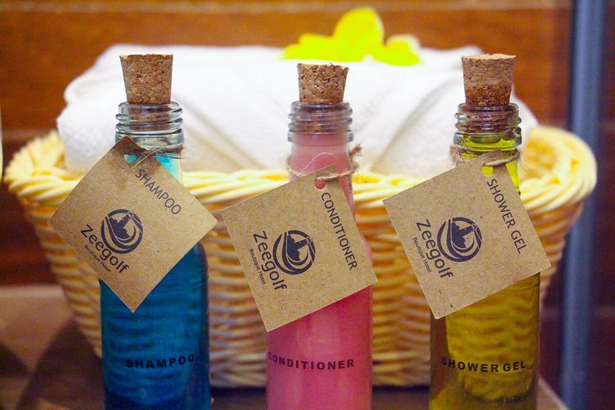 Refillable toiletries in a basket